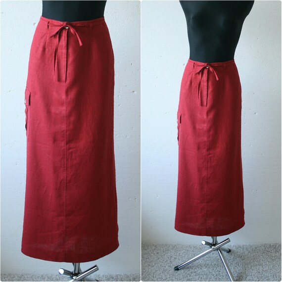 Vintage red linen women's maxi skirt Back slit sid