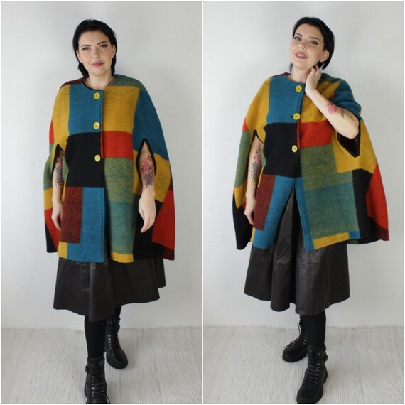 Vintage colorblock wool cloak coat Colorful poncho