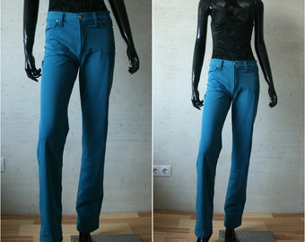 VERSACE turquoise colored women's pants Low waist straight cut women's pants Made in Italy Verasce Jeans couture Medusa buttons