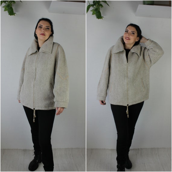 Vintage beige wool women's zip up jacket Warm fal… - image 6