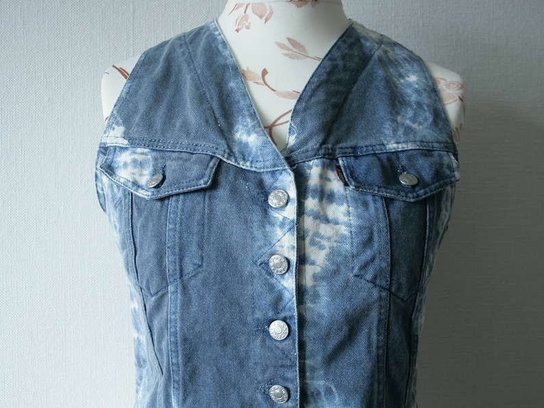 Vintage tie dye denim Italian vest Women/'s light blue white waistcoat Sleeveless button up jeans vest Washed denim vest Cotton denim vest