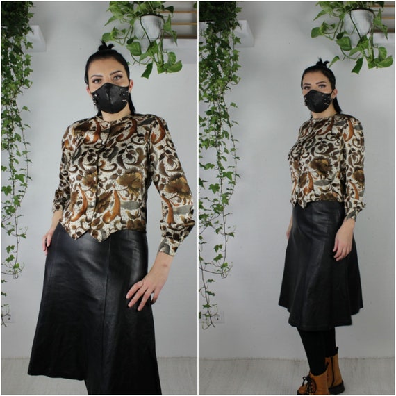 Vintage 80s paisley print brown beige pure silk bl