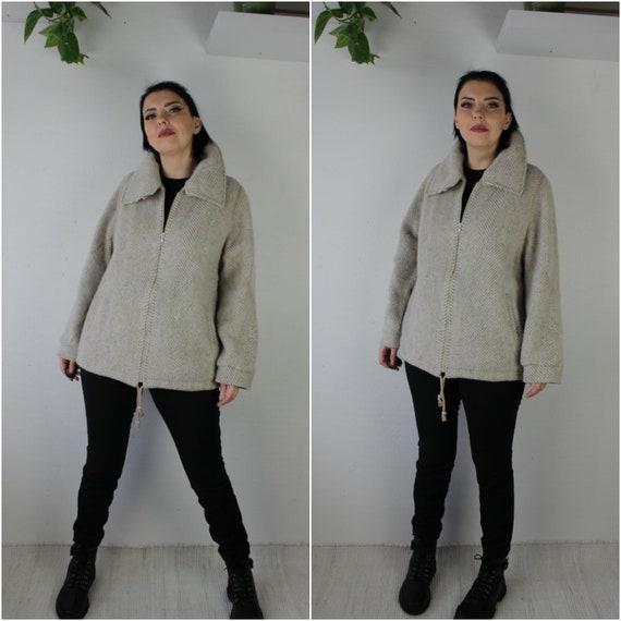 Vintage beige wool women's zip up jacket Warm fal… - image 4