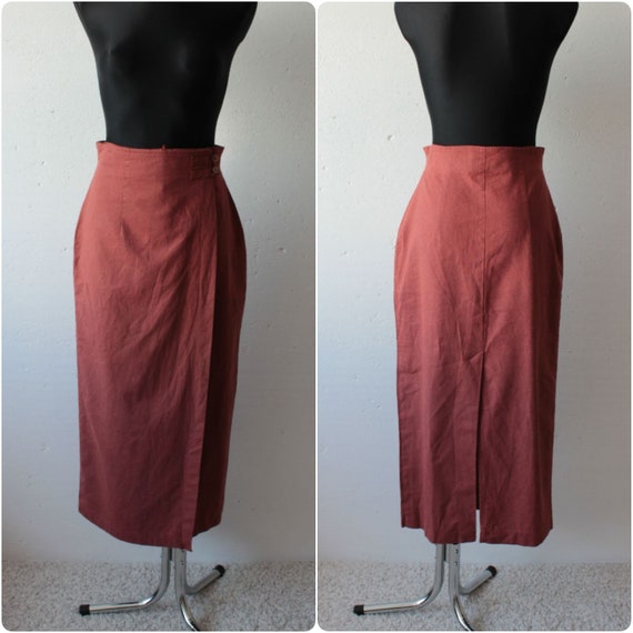 Vintage linen blend brick red midi maxi wrap skirt