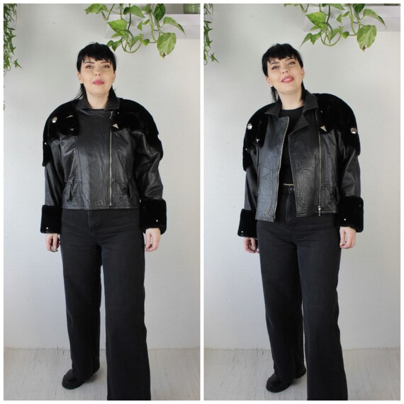 Vintage Black Real Leather Women s Crop Bomber Jacket With Faux