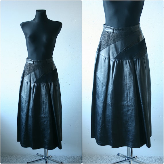 Vintage 80s black genuine leather midi shirt Flare
