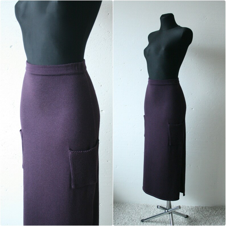 Vintage Italian dark purple merino wool blend knitted midi skirt High waist Italian skirt Knit warm midi skirt Fitted purple midi skirt S