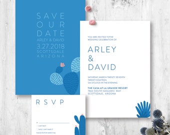 Modern Desert Cactus Succulent Blue Wedding Invitation, RSVP Suite ~ Printable or Custom