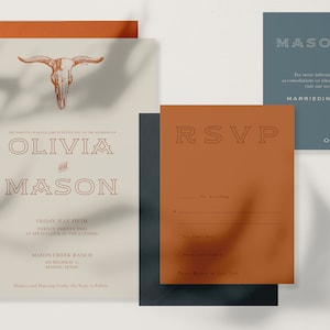 Simple Modern Boho Western Teal and Rust Longhorn Wedding Invitation Suite - Printable or Custom