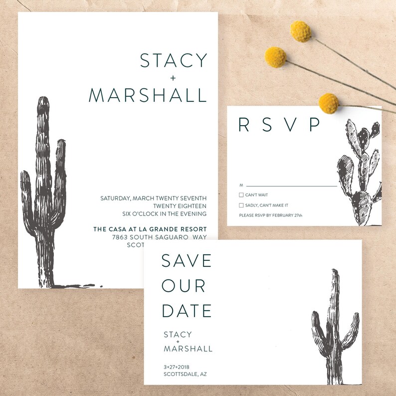 Modern SucculentCactus Desert Wedding Save the Date Black and White ~ CustomPrintable