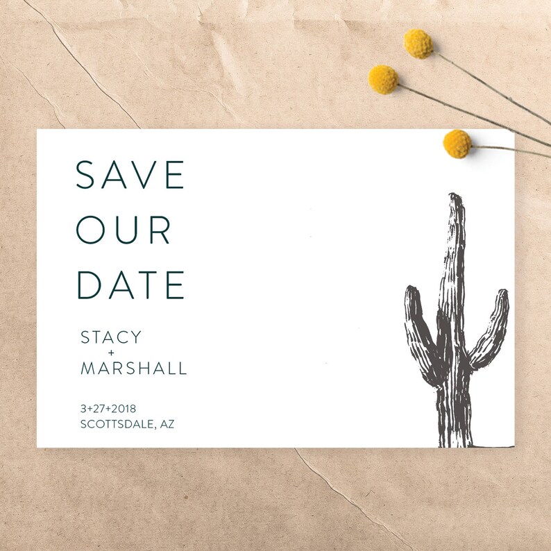 Modern SucculentCactus Desert Wedding Save the Date Black and White ~ CustomPrintable