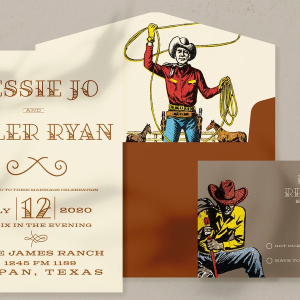 Vintage Rodeo Western Cowboy Roping Retro Southwestern Wedding Invitation and RSVP Suite ~ Printable or Custom
