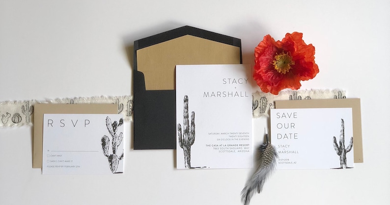 Modern SucculentCactus Desert Wedding Save the Date Black and White ~ CustomPrintable