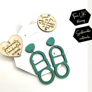 Geometric Green Statement Earrings: Sustainably Handmade Wooden Jewelry