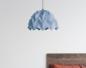 Origami lamp shade, blue lampshade, blue bedroom design, earth colors, modern interior, paper lights