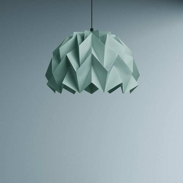 Lampe Origami, abat-jour de sauge, chambre verte, décor de sauge, papier en attente de lumière, lampe unique, vert et bleu, intérieur monochrome