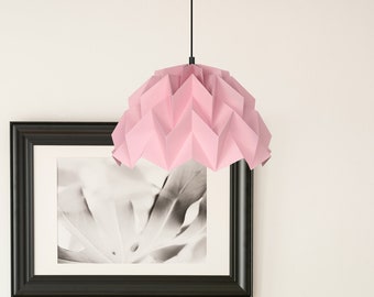 Origami lampshade, pink lampshade, orchid color lamp, pink decor, dining room design, cafe bar restaurant, girly color