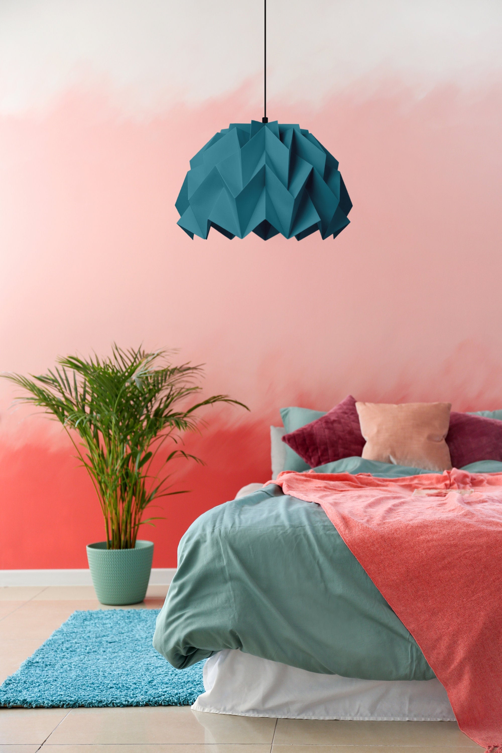Origami lamp shade, blue lampshade, bedroom lights, housewarming gift, colorful pending paper lamp, for artists, petrol blue
