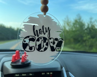 Holy Cow | Cow themed | Acrylic Disc with Permanent Vinyl, Wood Beads Rearview MirrorCar Charm