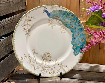 222 Fifth Peacock Garden Fine Porcelain Salad/Luncheon Plates - Set Of 4, 8.675" Diameter, Exquisite Peacock Design