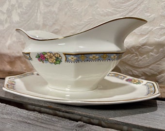 RARE Burton Fine Porcelain Gravy Boat attached plate by Johnsons Brothers Pale Blue Trim Pink Yellow Flowers 1920's