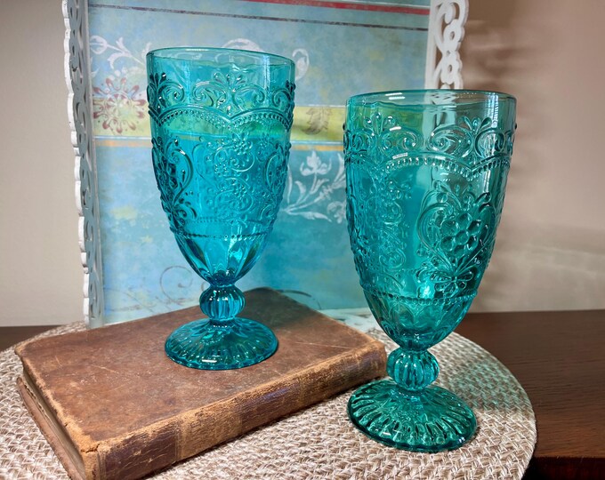 Tea Ritual Animals Pioneer Woman Amelia Teal Goblets - Vintage Pressed Glass, Set of 2 - Etsy
