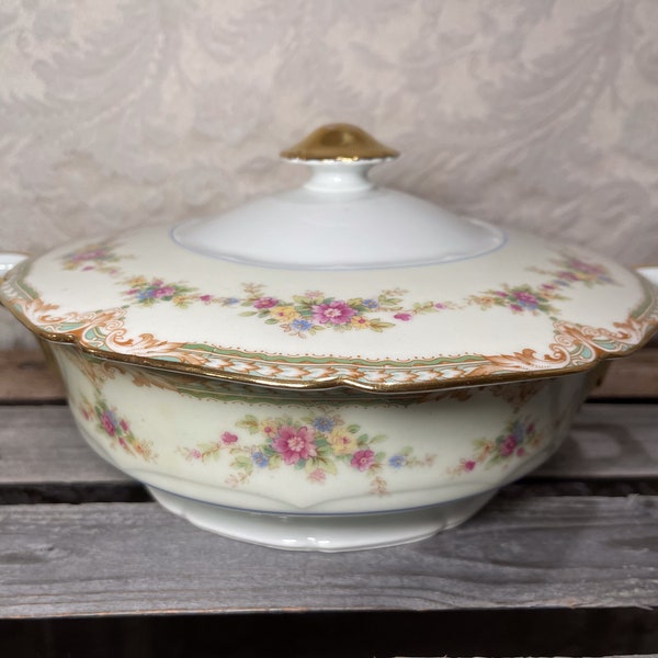 RARE Find! Vintage Union Czech Round Porcelain Covered Vegetable Bowl Multifloral Antique - 1920's