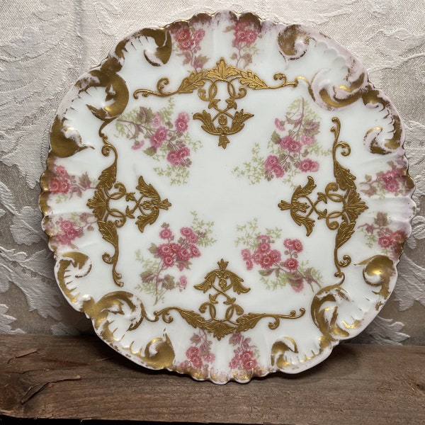 RARE GORGEOUS | AKCD Limoges Hand-Painted Cabinet Plate Pink Floral Gold Gilt Antique 1890-1910