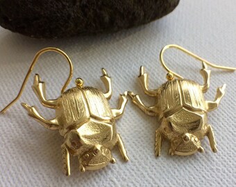 Gold Beetle Earrings Golden Insect Earrings Elegant Bug Jewelry Golden Bug Earrings, Bug Jewelry Creepy Jewelry Halloween Earrings