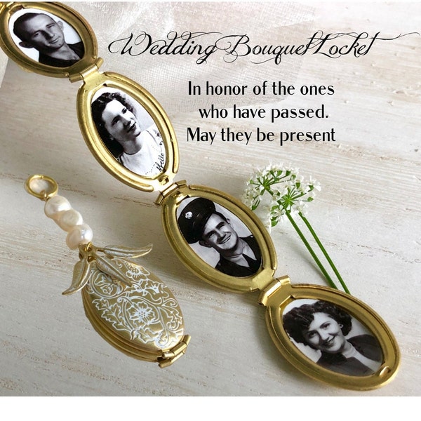 Medallón de ramo de boda de cuatro fotos, medallón de novia con fotos de seres queridos