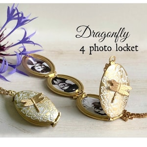 Dragonfly Photo Locket Necklace: Hand Painted Floral Picture Pendant