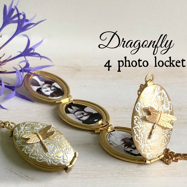 Dragonfly 4 photo Locket, Dragonfly Pendant with Photos, Jewelry Gift for a Gardener, White and Gold folding Locket, Family heirloom Gift
