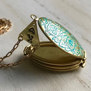 Hand-Painted Turquoise Floral Engraved Brass Locket, 4 Photo family tree keepsake, Monogram Charm