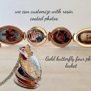 Gold 4 photo folding floral locket with butterfly  ;  four picture family tree locket with resin photos  ;  Mother's Day locket with photos