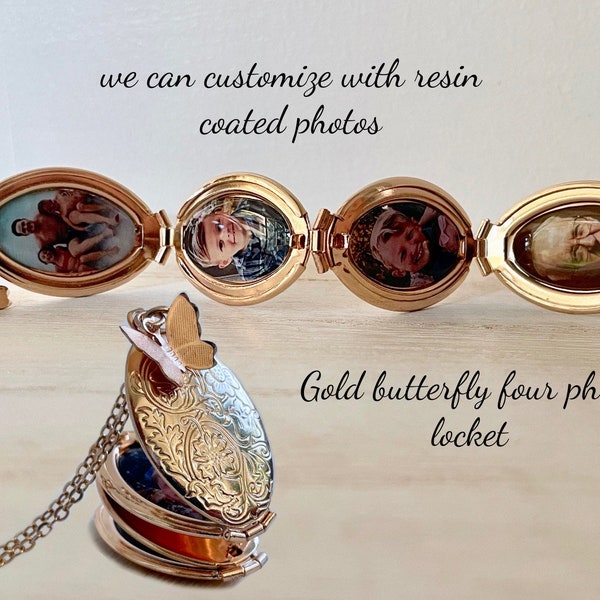 Gold 4 photo folding floral locket with butterfly  ;  four picture family tree locket with resin photos  ;  Mother's Day locket with photos