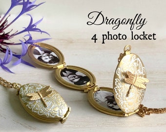 Medaglione fotografico Dragonfly 4, ciondolo a forma di libellula con foto, regalo di gioielli per un giardiniere, medaglione pieghevole bianco e oro, regalo cimelio di famiglia