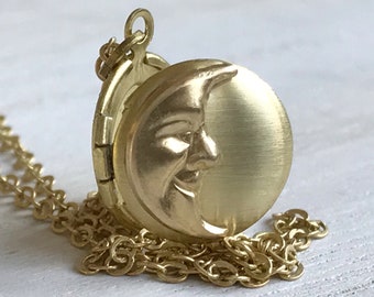 Tiny Moon Locket, Tiny Gold Locket Necklace, Man in the Moon Locket,  Gold Moon Locket, Child's Locket, Petite Locket, To the Moon and Back