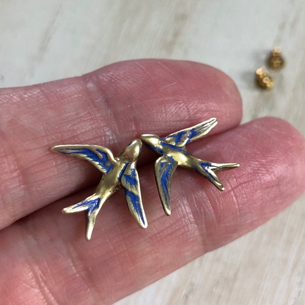 Gold and Blue bird Stud Earrings  Hand Painted Bluebird Earrings  Dove Earrings  Sparrow Stud Earrings