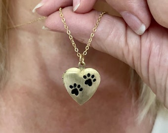 Matt Gold Pet heart locket with paw prints, photo options available