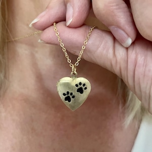 Matt Gold Pet heart locket with paw prints, photo options available image 1