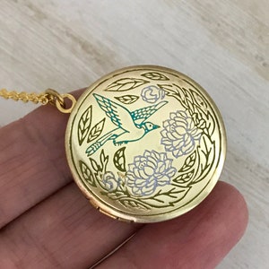 Large Photo Locket Necklace, Bird Locket, Hand Painted Locket, Gold Locket Necklace, Customized Locket, Personalized Photos in Locket