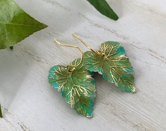 Gold and Green Hand Painted Ivy Leaf Earrings