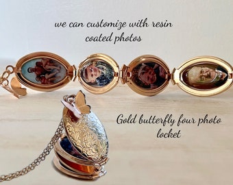 Gold 4 photo folding floral locket with butterfly  ;  four picture family tree locket with resin photos  ;  Mother's Day locket with photos