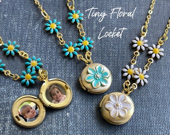 Tiny blue or white Floral Daisy Locket for women or girls,   Personalized Locket Necklace with Photos,  You are my sunshine, Mother's Day