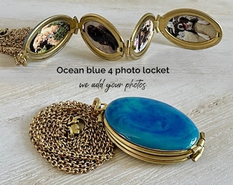 Ocean blue photo locket that holds 4 photos customized