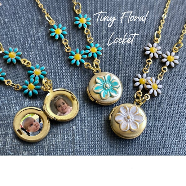 Tiny blue or white Floral Daisy Locket for women or girls,   Personalized Locket Necklace with Photos,  You are my sunshine, Mother's Day