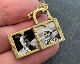 Lock shaped locket with key charm personalized with photos padlock shape