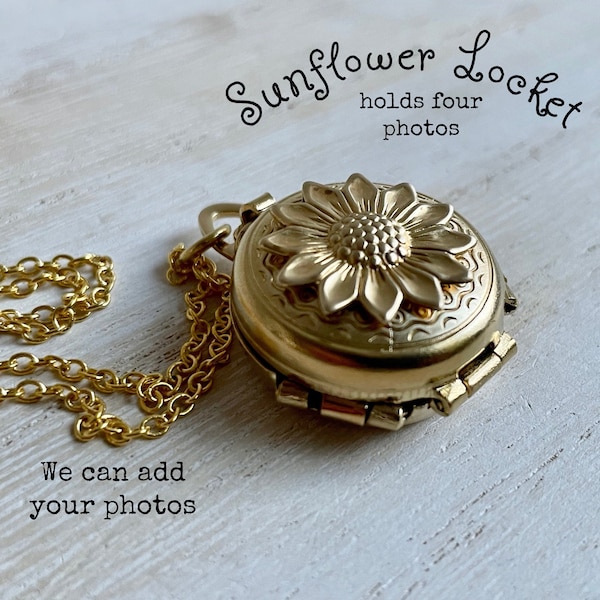 Gold customized 4 photo Sunflower Locket ;  You are my sunshine four picture locket necklace ;  Mother's Day Locket with Grandchildren