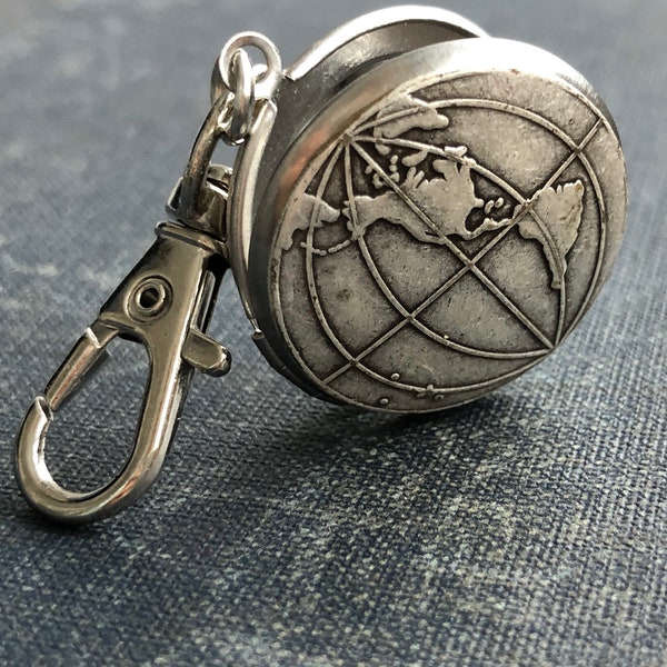 Silver World Keychain, World Map Locket, Globe Locket, Traveler Gift, World Traveler, Personalized Keychain, Man's Gift, Photo keychain His