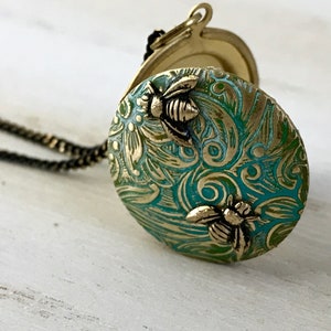 Floral Bee Locket Necklace, Turquoise Hand-Painted Bumble Bee